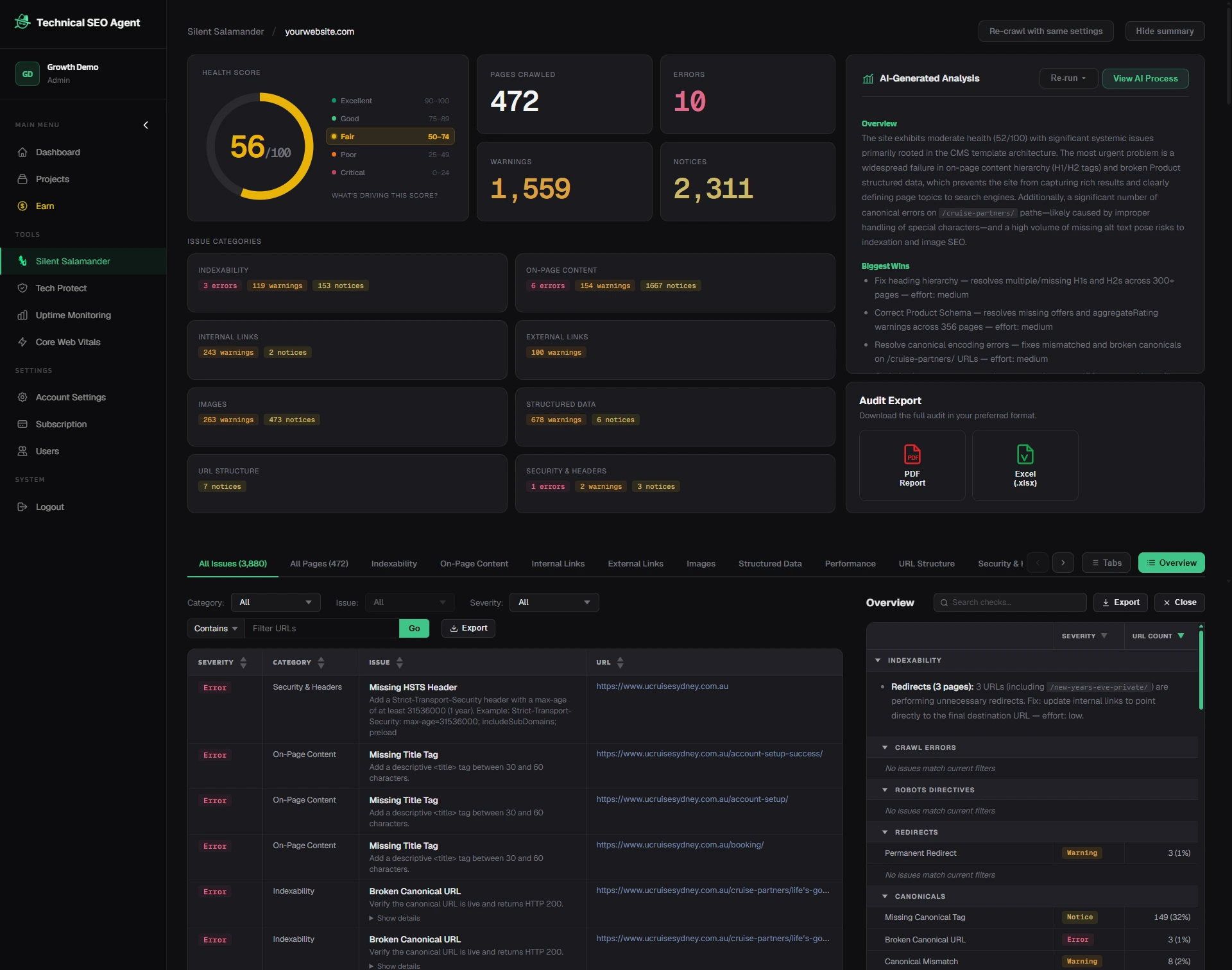 Technical SEO Agent dashboard