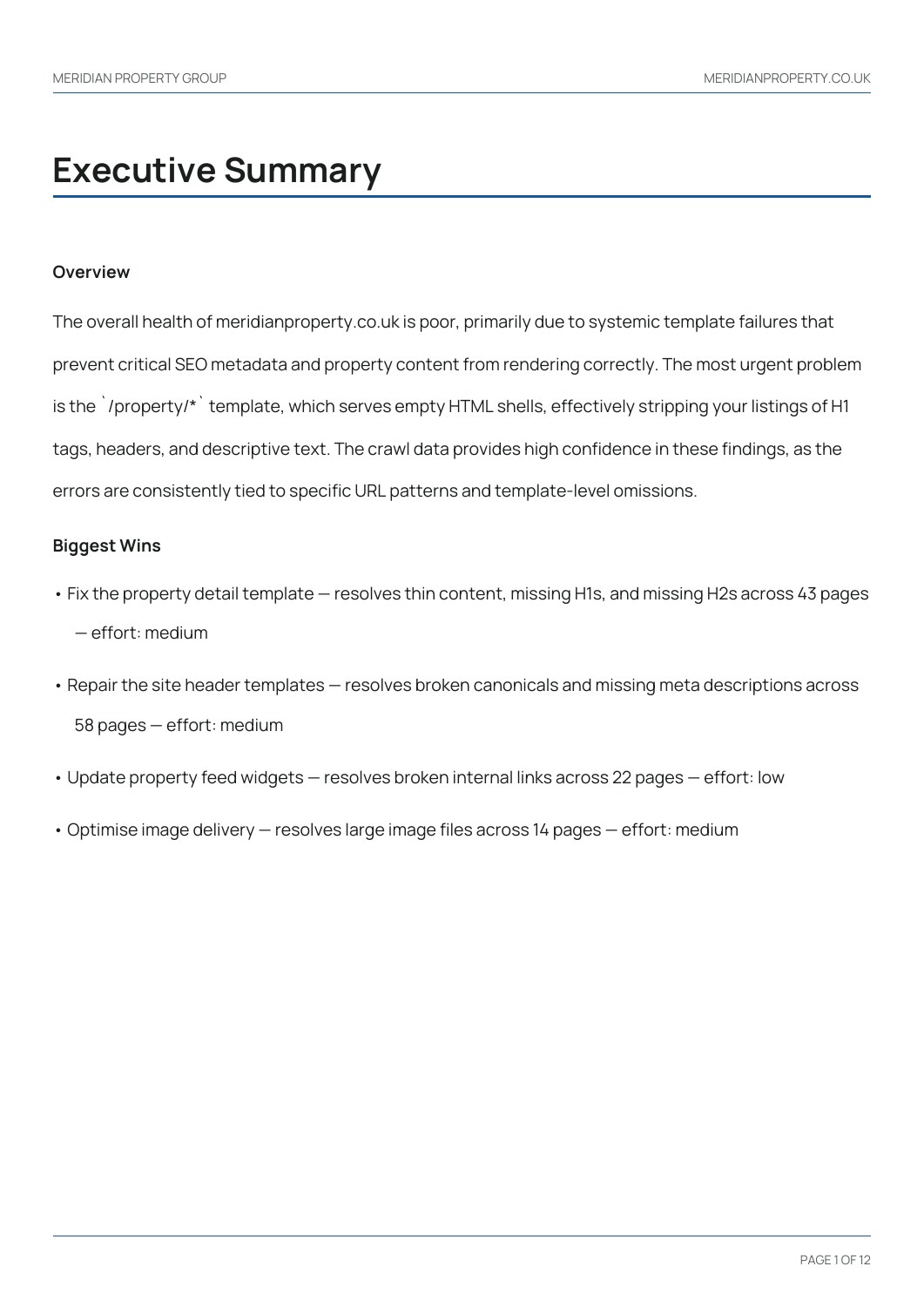 Meridian Property Group sample report, page 1